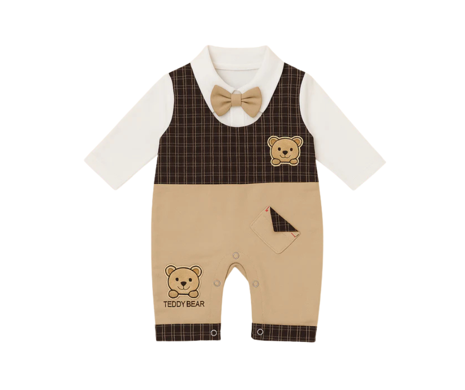 Baby Cotton Romper Teddy Bear Check Brown